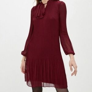 DKNY Burgundy Pleated Tie-Neck Women's Dress